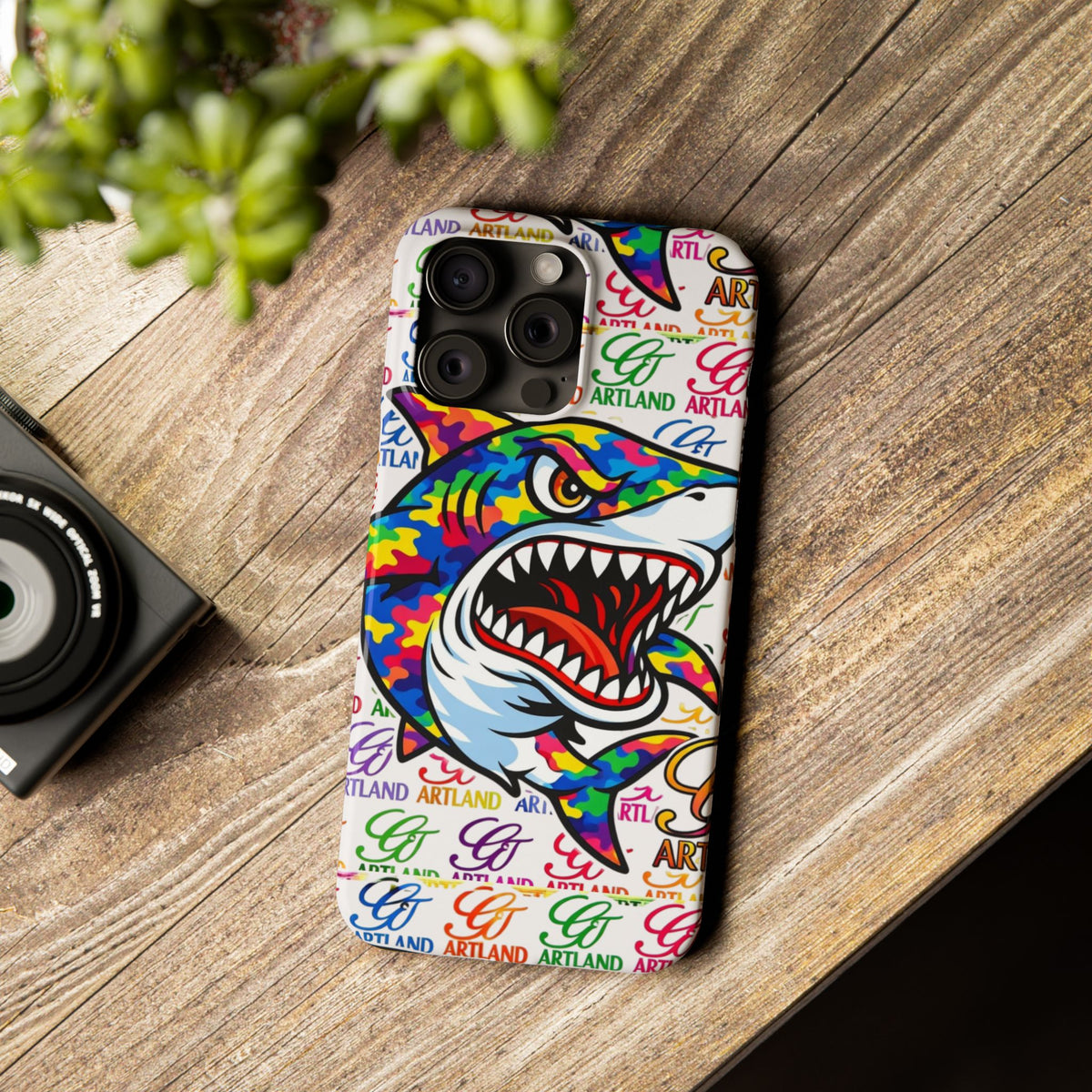 Colorful Camo Designer Shark GT Slim Phone Case | Vibrant Graphic, Artland Logo Background by GT Artland