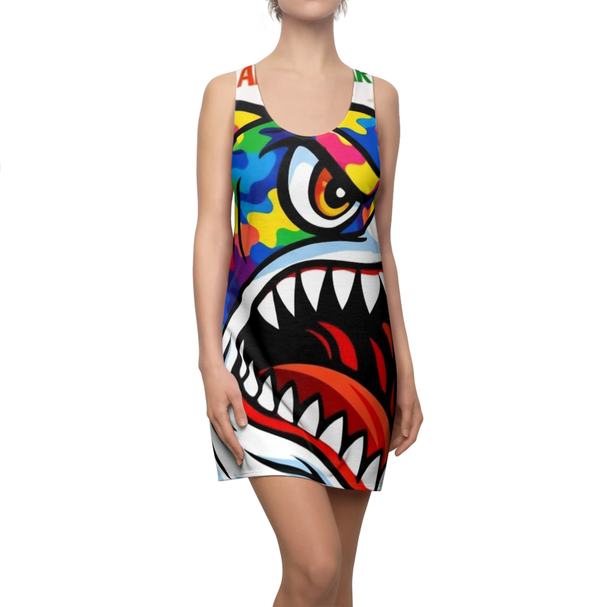 Colorful Camo Designer Killa Shark Graphic Racerback Dress | All-Over Print by GT Artland