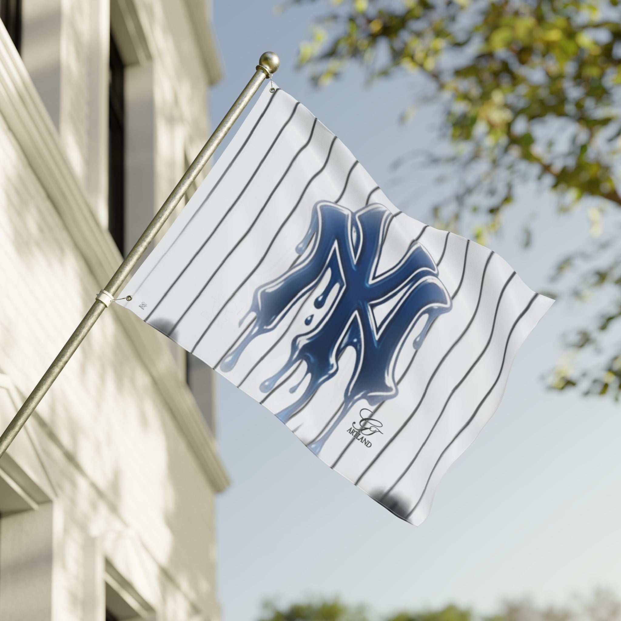 Dripping Pinstripe NY Fan Logo Flag | Double Sided Designer Flag by GT Artland