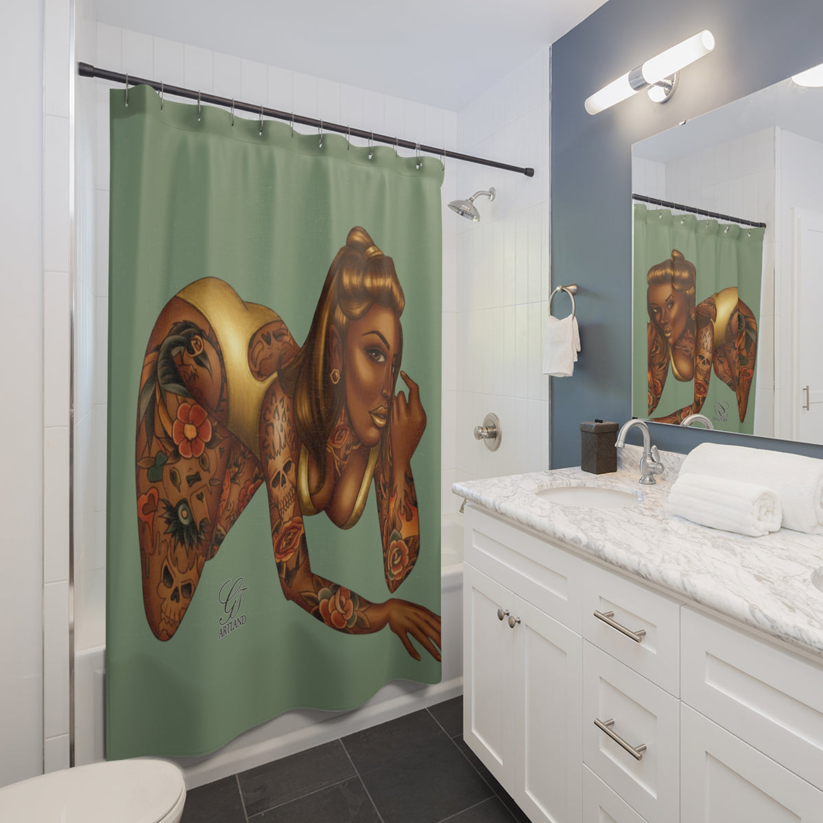 Tattooed Pinup Diva Shower Curtain - Green- Bathroom