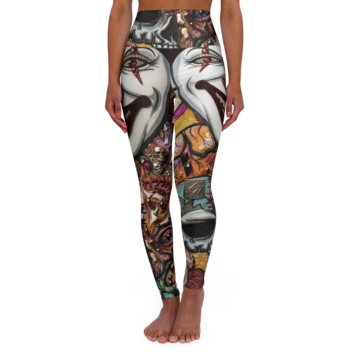 High-Waisted Yoga Leggings — Colorful Street Art Mask Print
