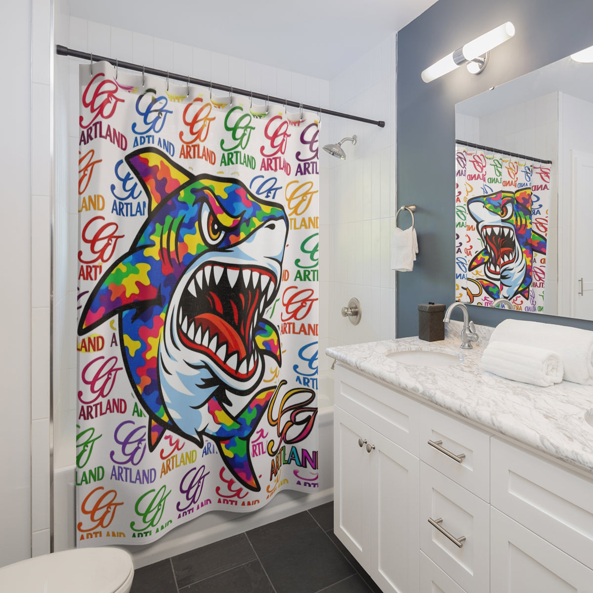 Colorful Designer Killa Rainbow Camouflage Shark GT Shower Curtain | Pop Art Logo Pattern by GT Artland