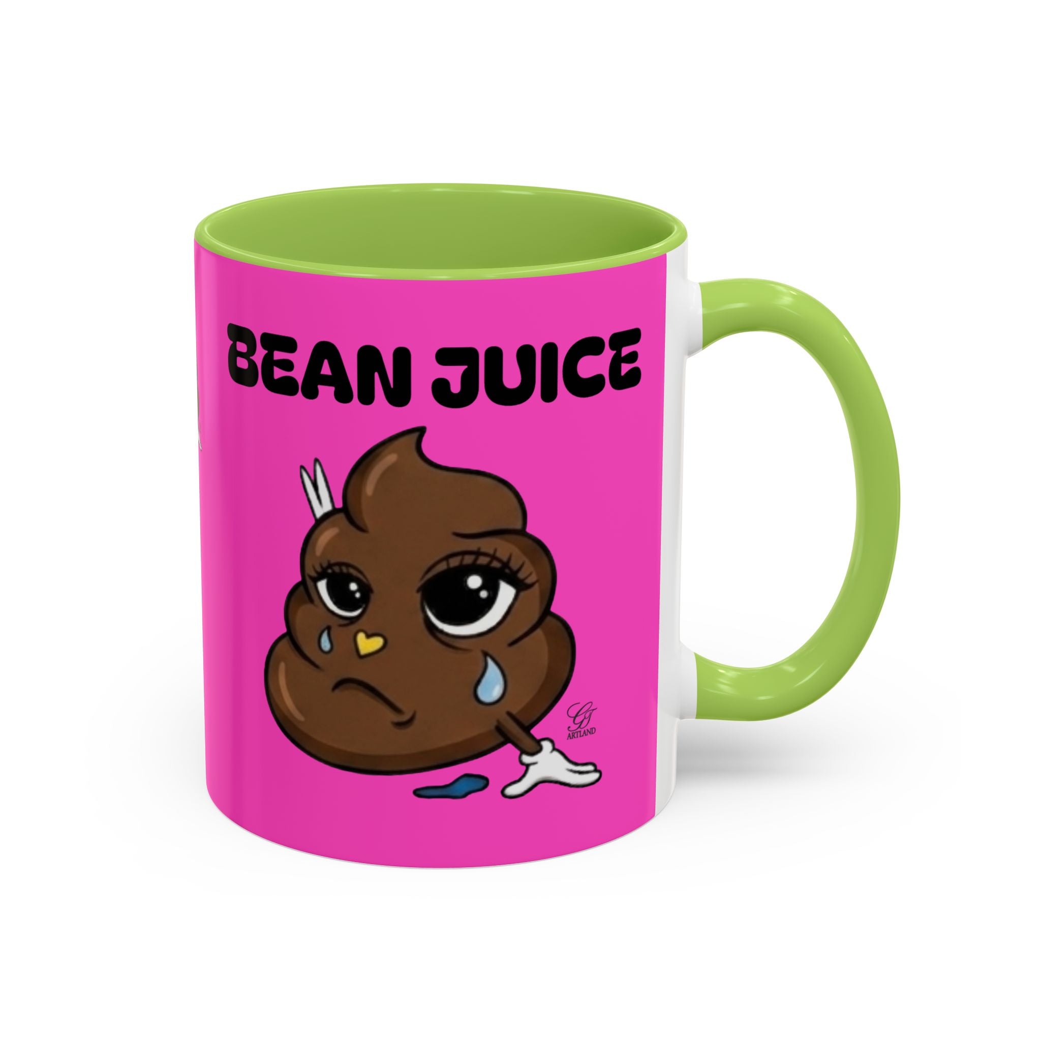 Bean Juice Coffee Mug — Funny Pink Accent Mug with Cute Poop Emoji Design (11/15oz) by GT Artland