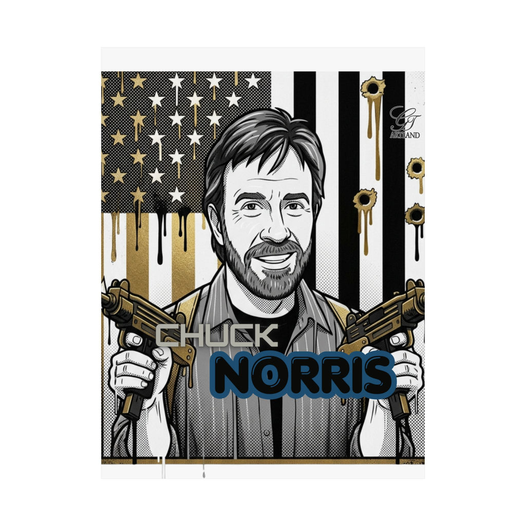 Action Hero Portrait Matte Vertical Poster | Retro Flag, Guns, Bullet Holes by GT Artland