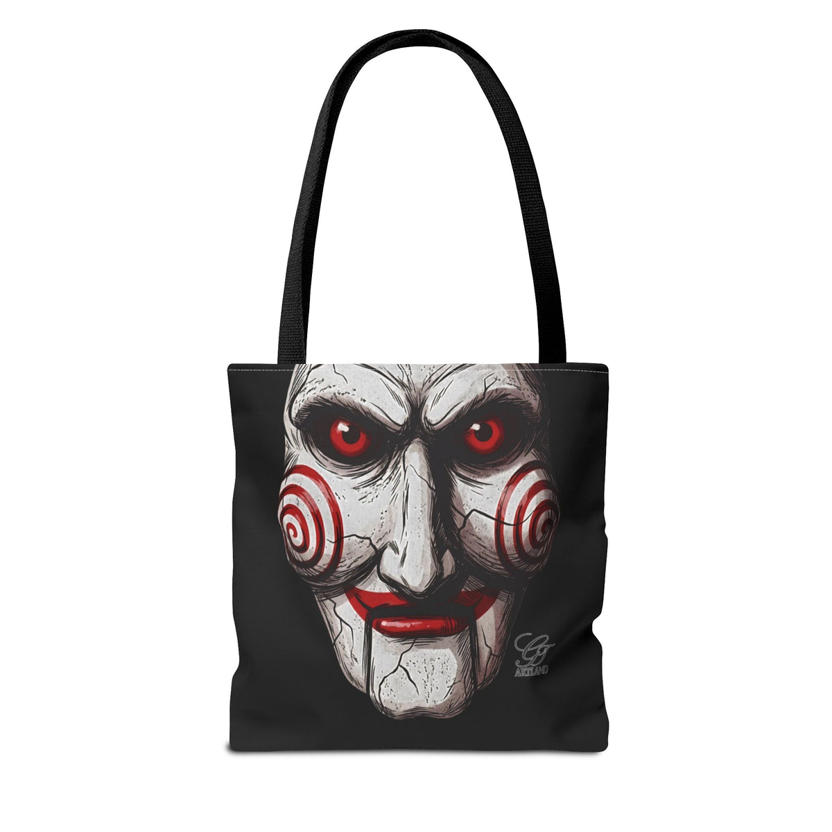 Doll Clown Horror Designer Face Tote Bag | Creepy Red Swirl Puppet Design by GT Artland