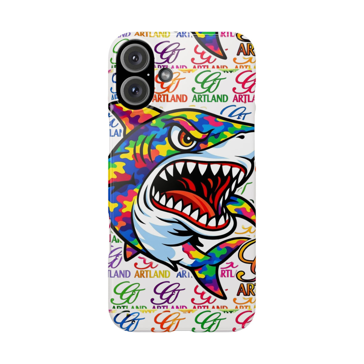 Colorful Camo Designer Shark GT Slim Phone Case | Vibrant Graphic, Artland Logo Background by GT Artland
