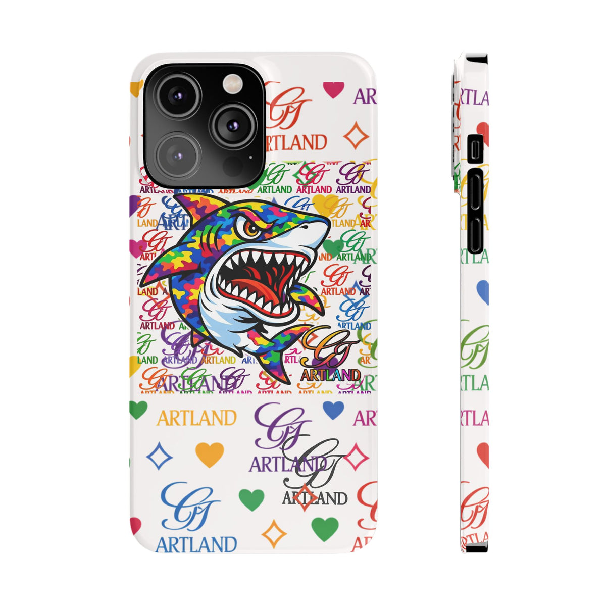 Colorful Designer Shark GT Illustration Slim Phone Case | Rainbow Logo Pattern by GT Artland