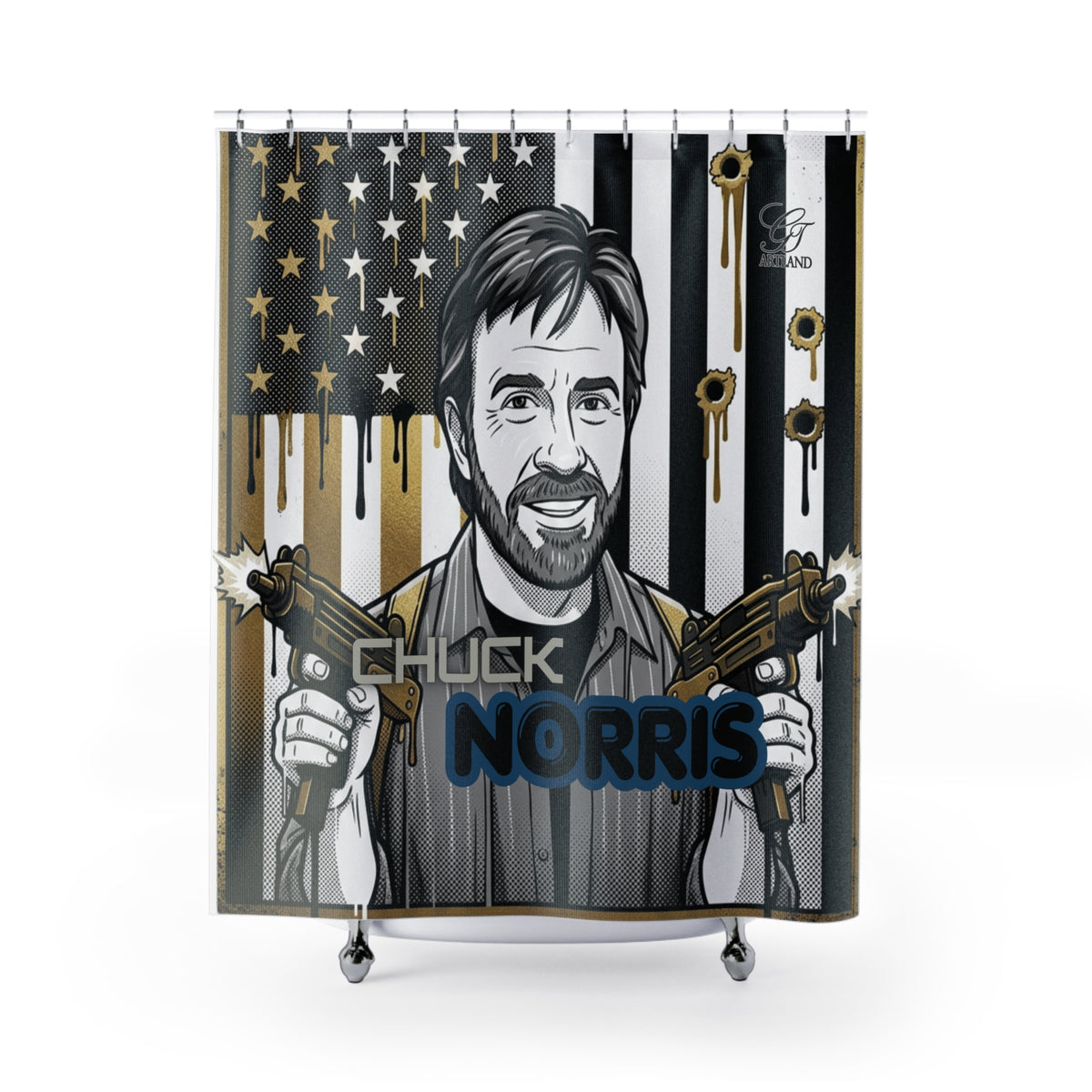 Retro Chuck Norris Action Hero Portrait Shower Curtain | American Flag, Bullet Holes by GT Artland