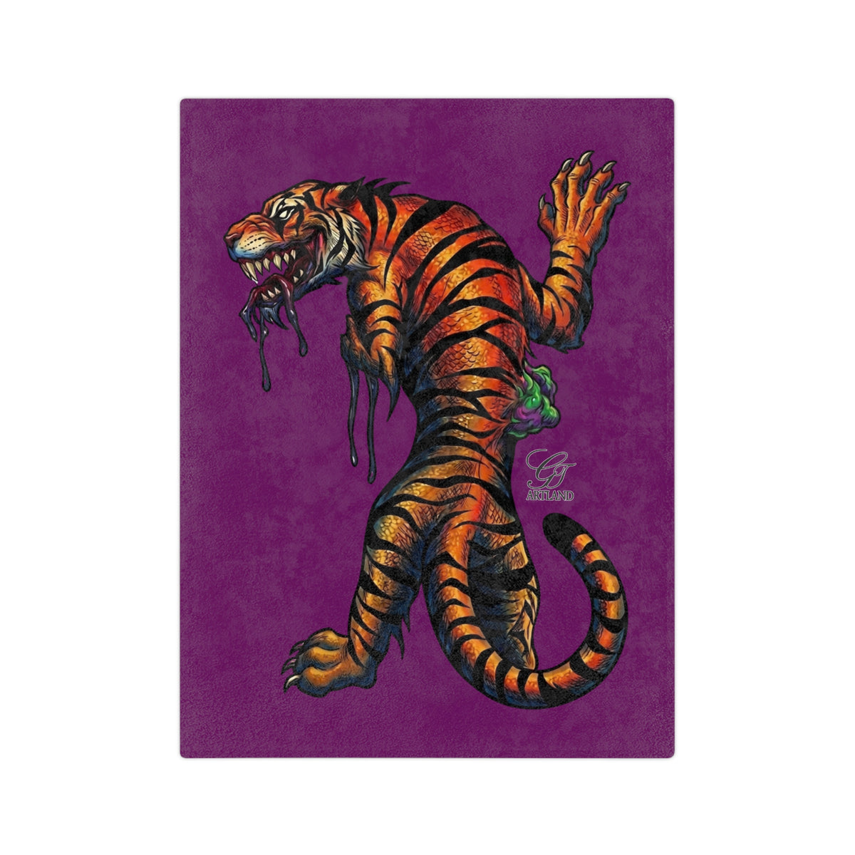 Dripping Tiger Illustration Velveteen Microfiber Blanket | Purple Background by GT Artland