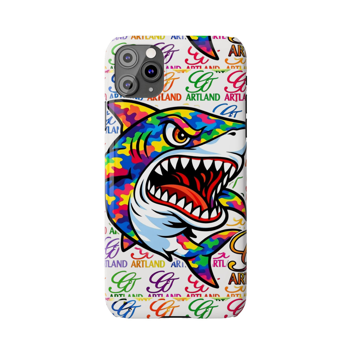 Colorful Camo Designer Shark GT Slim Phone Case | Vibrant Graphic, Artland Logo Background by GT Artland