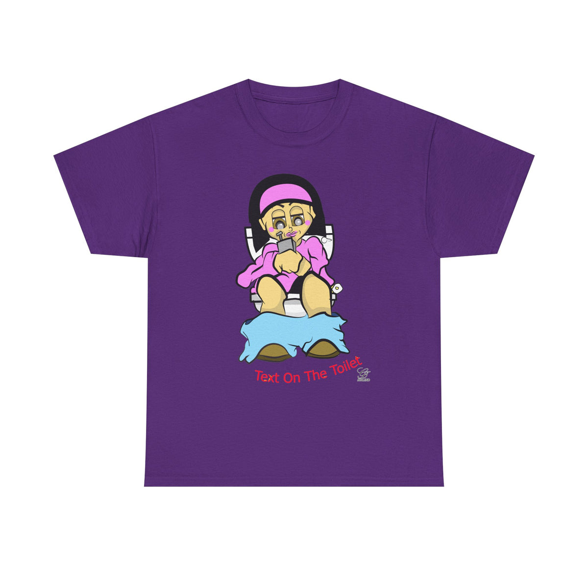 Texting on the Toilet female Illustration T-Shirt | Humor Cartoon Sitting, Text on the Toilet by GT Artland
