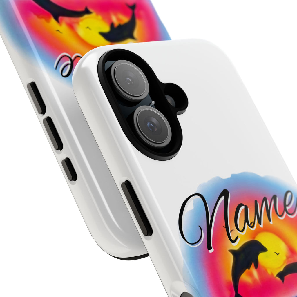 Dolphin Sunset Name Phone Case | Personalized Tough Case, Floral Beach Design by GT Artland