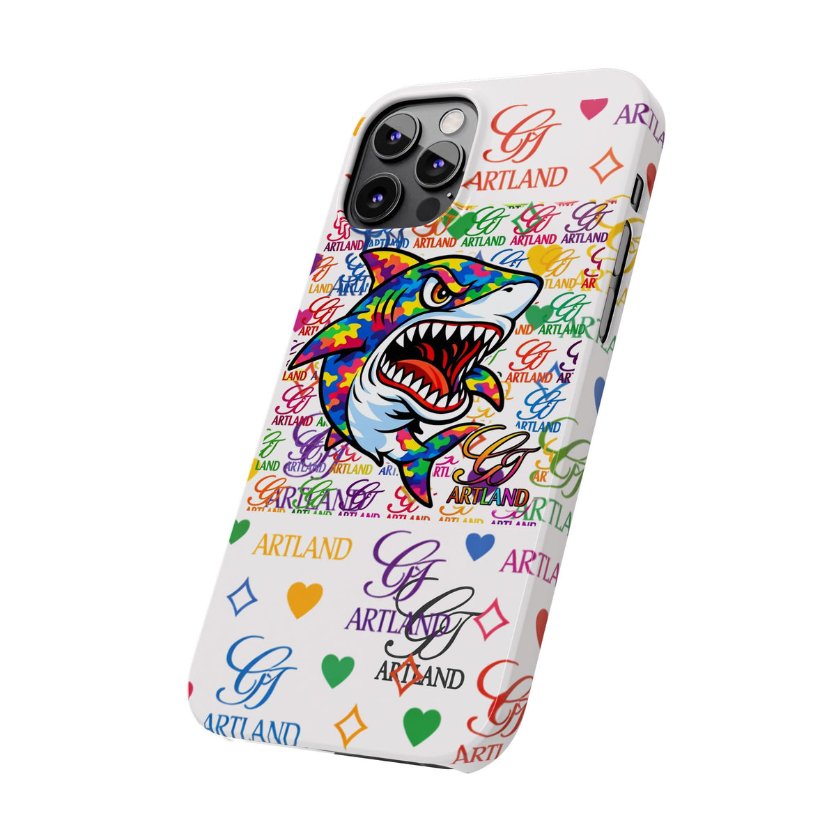 Colorful Designer Shark GT Illustration Slim Phone Case | Rainbow Logo Pattern by GT Artland