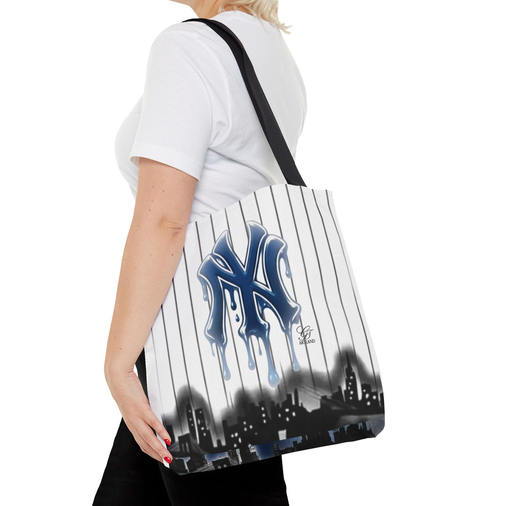 Drip NY Fan Gear Logo Pinstripe Tote Bag — Urban Baseball Cityscape by GT Artland