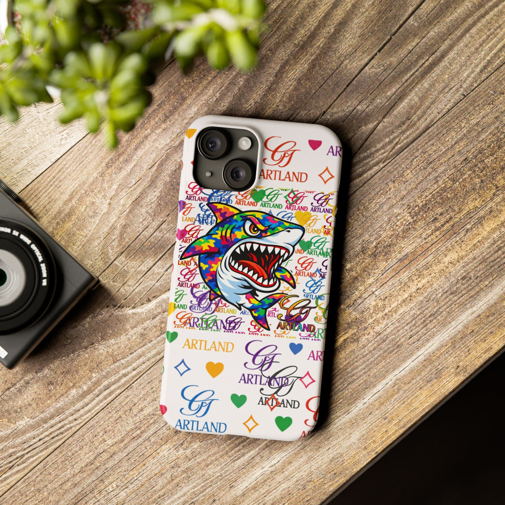 Colorful Designer Shark GT Illustration Slim Phone Case | Rainbow Logo Pattern by GT Artland