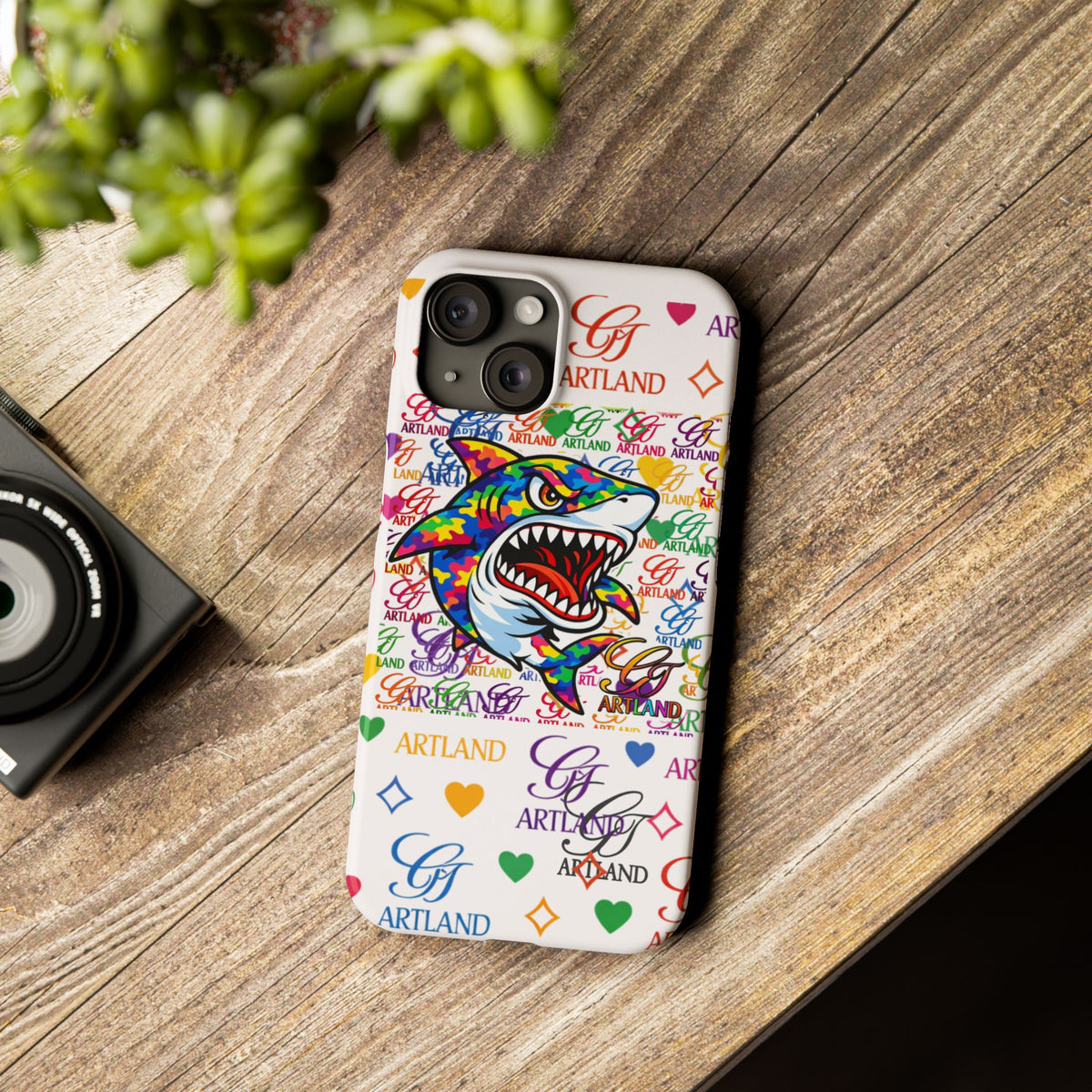 Colorful Designer Shark GT Illustration Slim Phone Case | Rainbow Logo Pattern by GT Artland