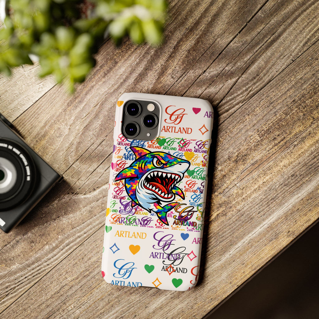 Colorful Designer Shark GT Illustration Slim Phone Case | Rainbow Logo Pattern by GT Artland