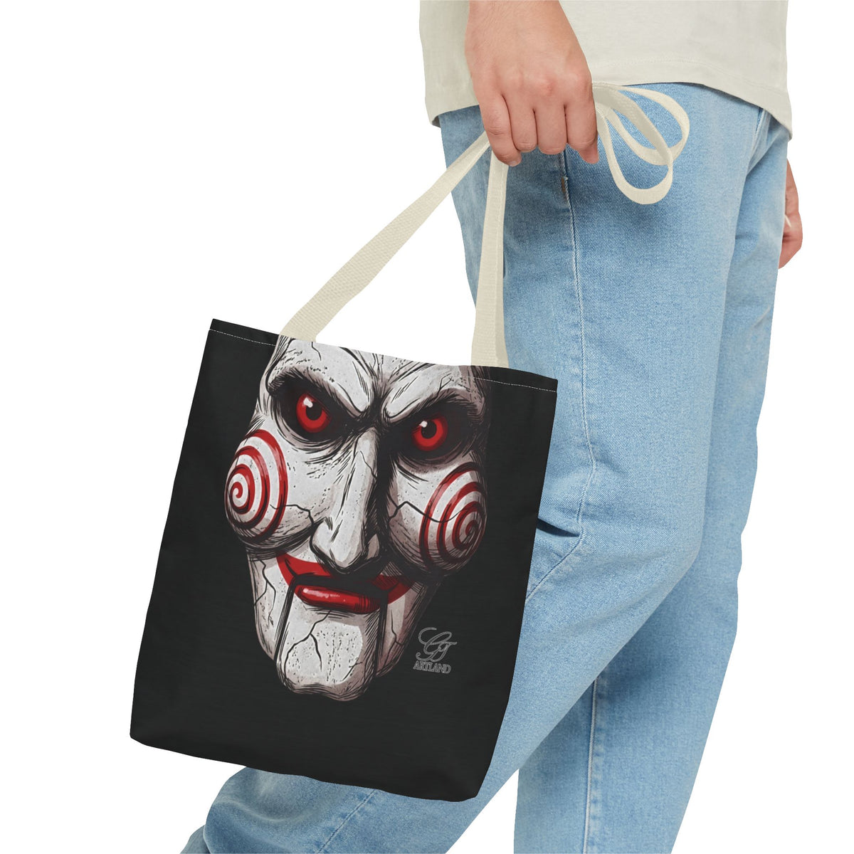 Doll Clown Horror Designer Face Tote Bag | Creepy Red Swirl Puppet Design by GT Artland