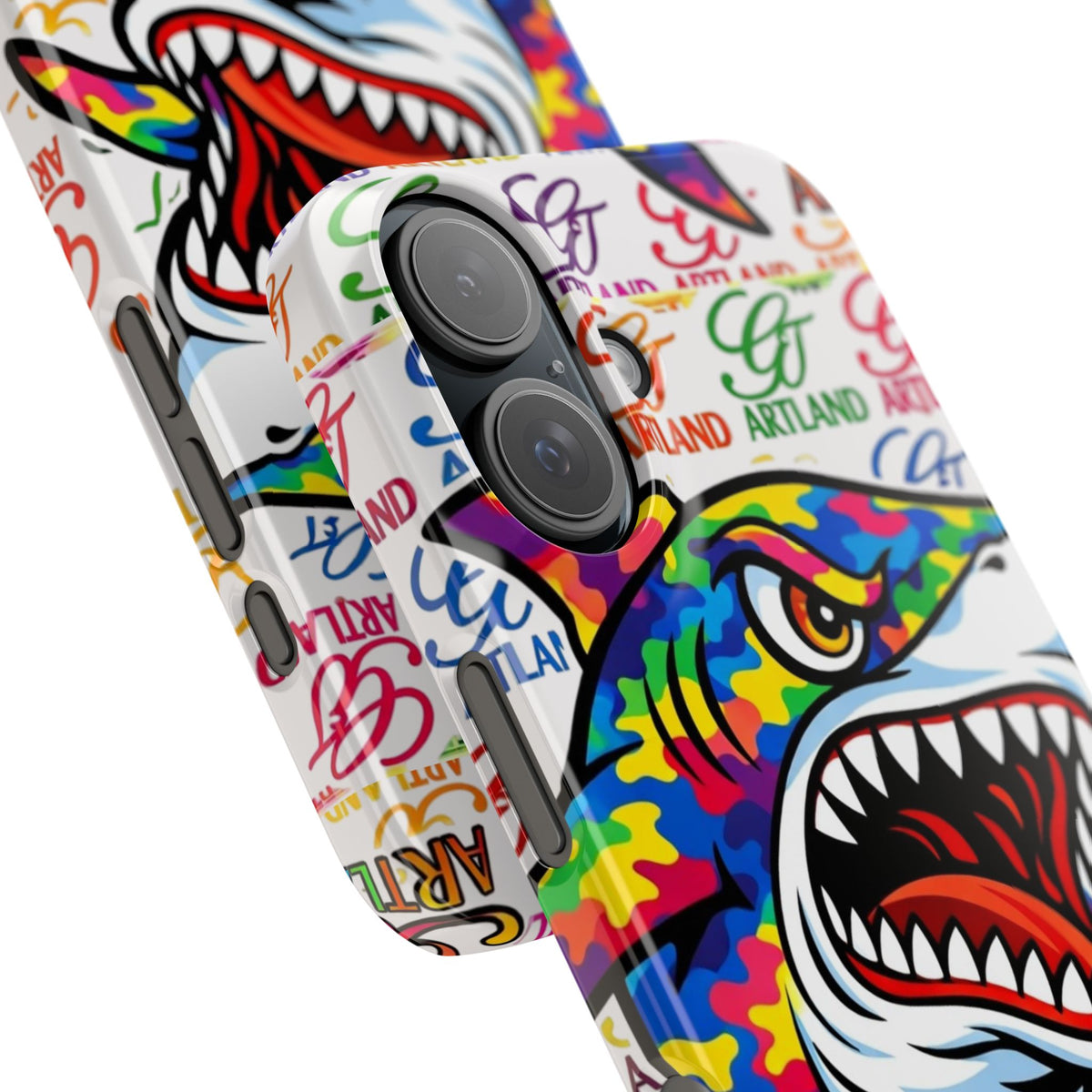 Colorful Camo Designer Shark GT Slim Phone Case | Vibrant Graphic, Artland Logo Background by GT Artland