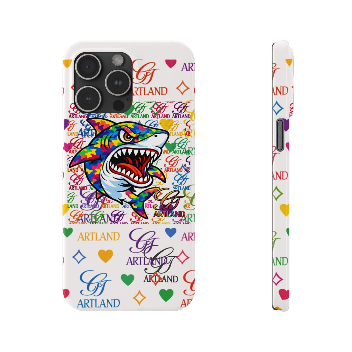 Colorful Designer Shark GT Illustration Slim Phone Case | Rainbow Logo Pattern by GT Artland