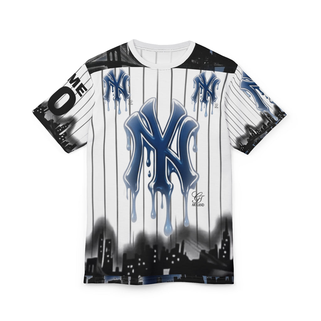 yank Dripping NY Graffiti styled designer Logo Tee | Pinstripe City Skyline by GT Artland