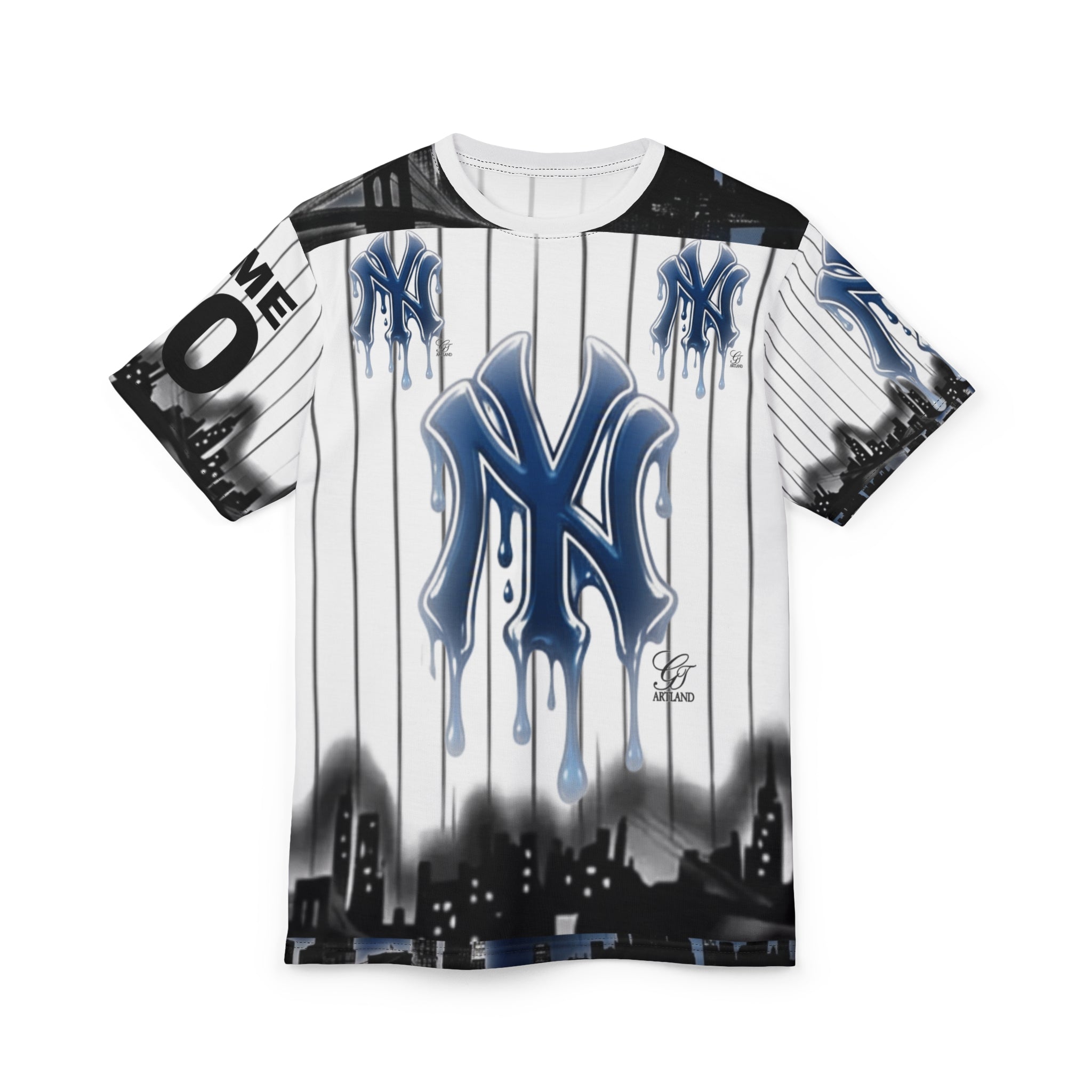 yank Dripping NY Graffiti styled designer Logo Tee | Pinstripe City Skyline by GT Artland