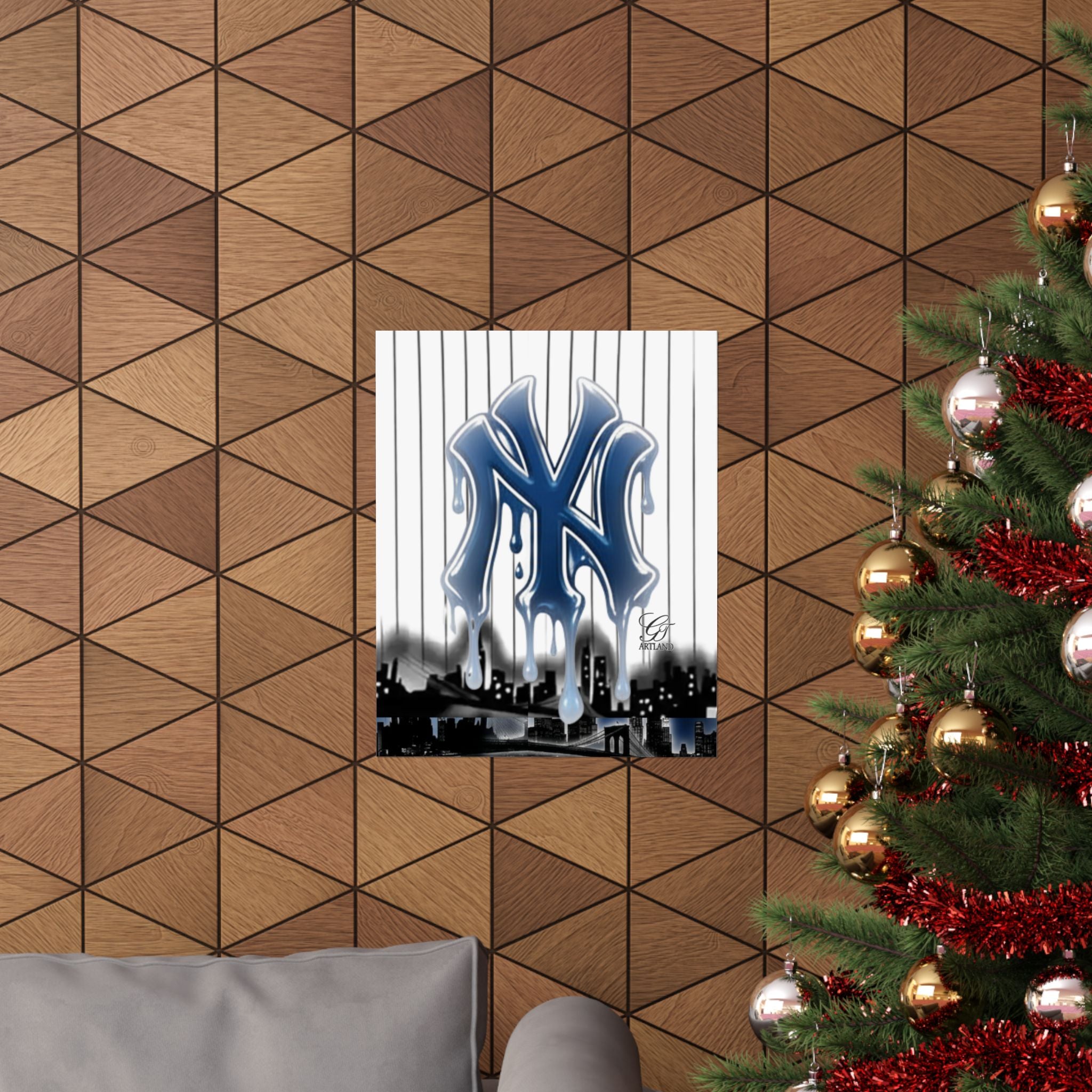 Dripping NY Logo Matte Vertical Poster | Baseball Pinstripe Art by GT Artland