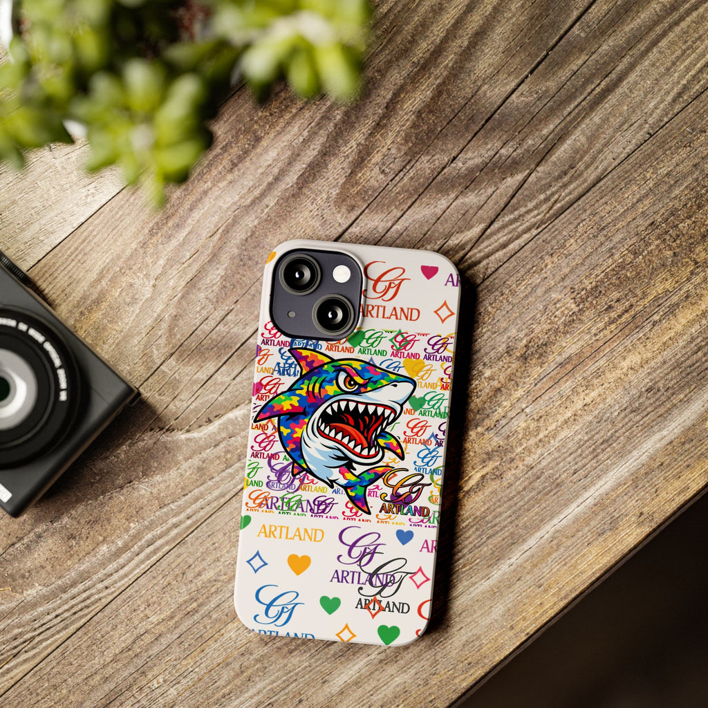 Colorful Designer Shark GT Illustration Slim Phone Case | Rainbow Logo Pattern by GT Artland