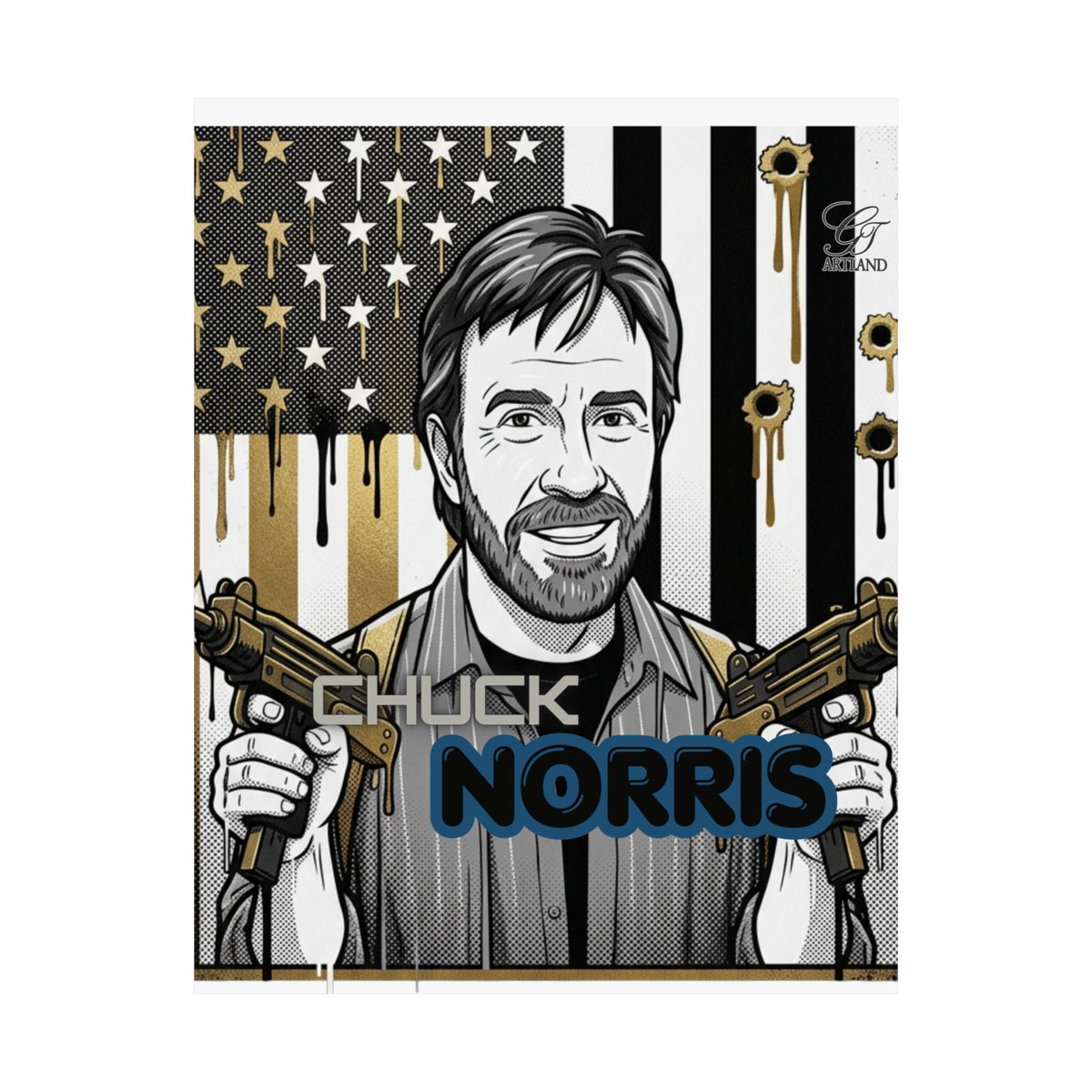 Action Hero Portrait Matte Vertical Poster | Retro Flag, Guns, Bullet Holes by GT Artland