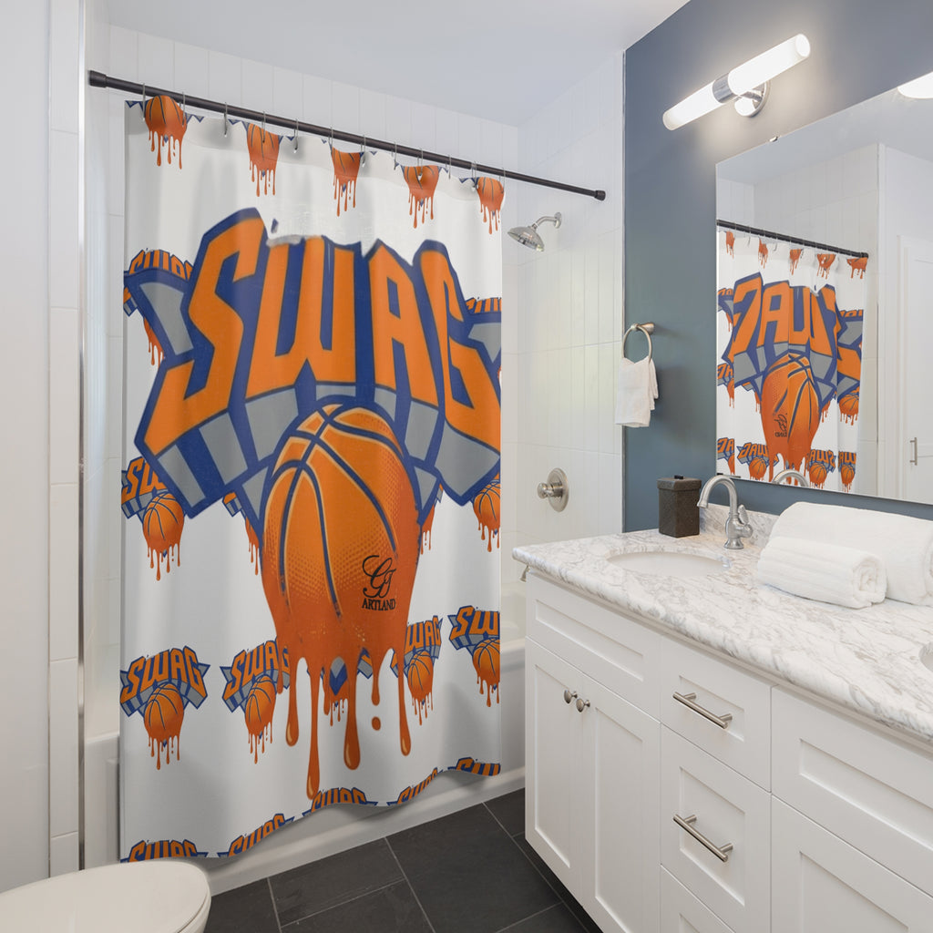 SWAG Designer Drip Basketball Shower Curtain | Sports Theme, Orange Blue by GT Artland