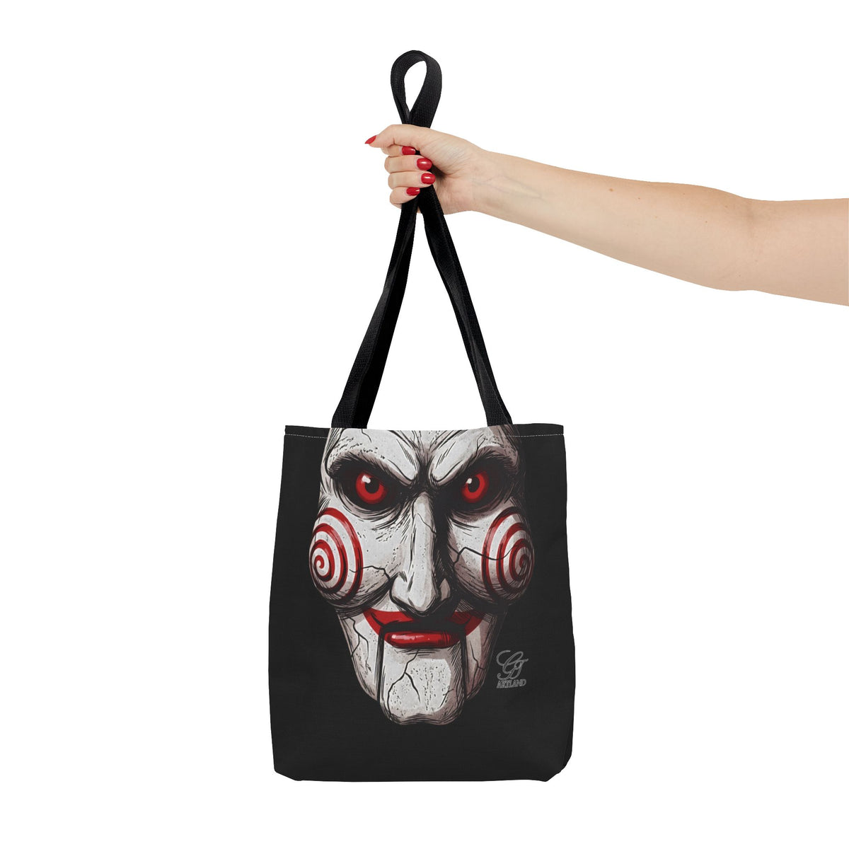 Doll Clown Horror Designer Face Tote Bag | Creepy Red Swirl Puppet Design by GT Artland