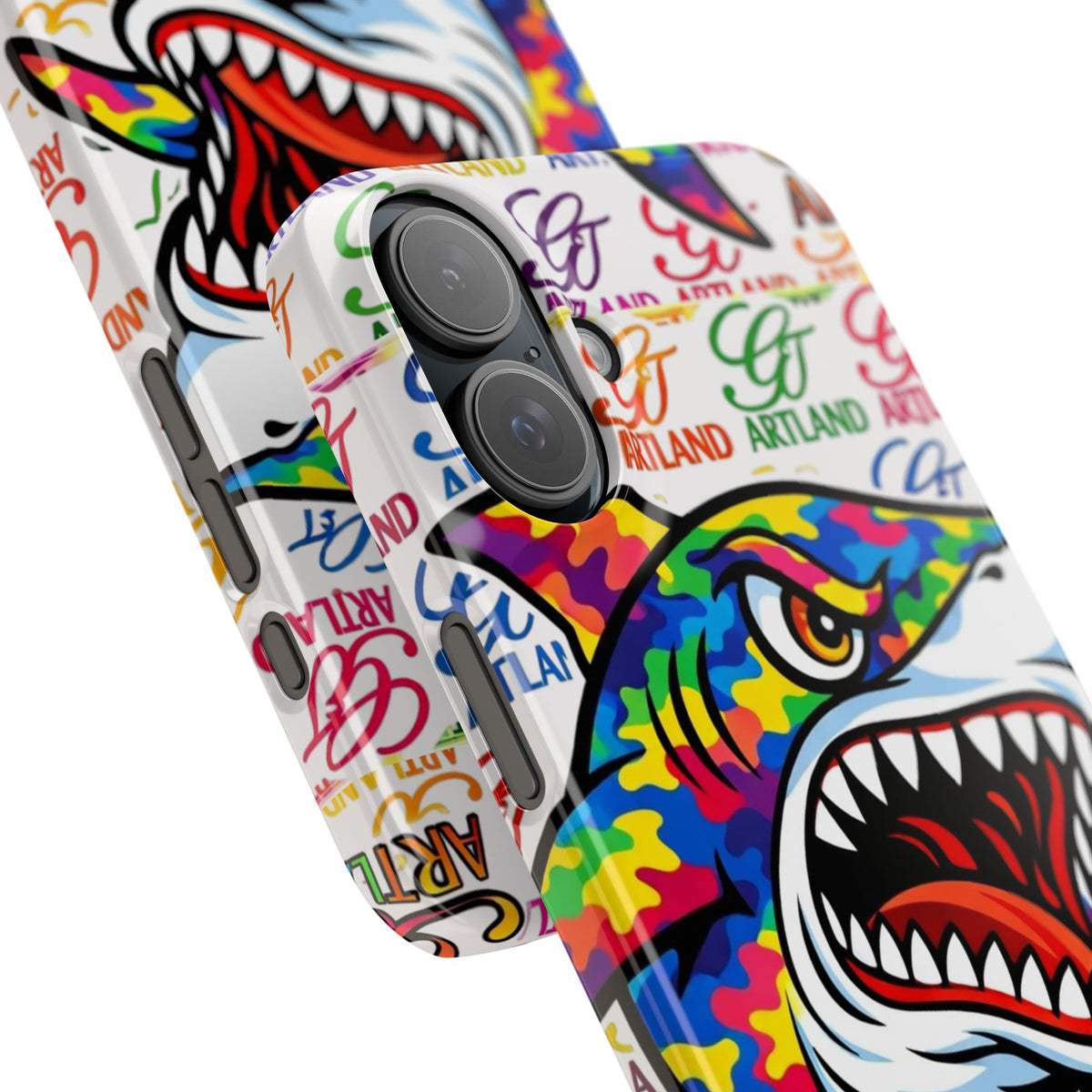 Colorful Camo Designer Shark GT Slim Phone Case | Vibrant Graphic, Artland Logo Background by GT Artland