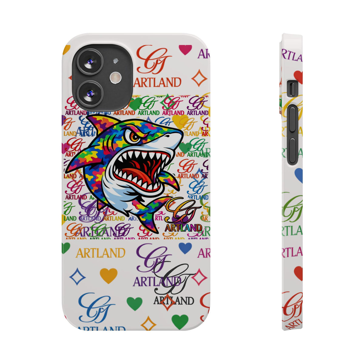 Colorful Designer Shark GT Illustration Slim Phone Case | Rainbow Logo Pattern by GT Artland