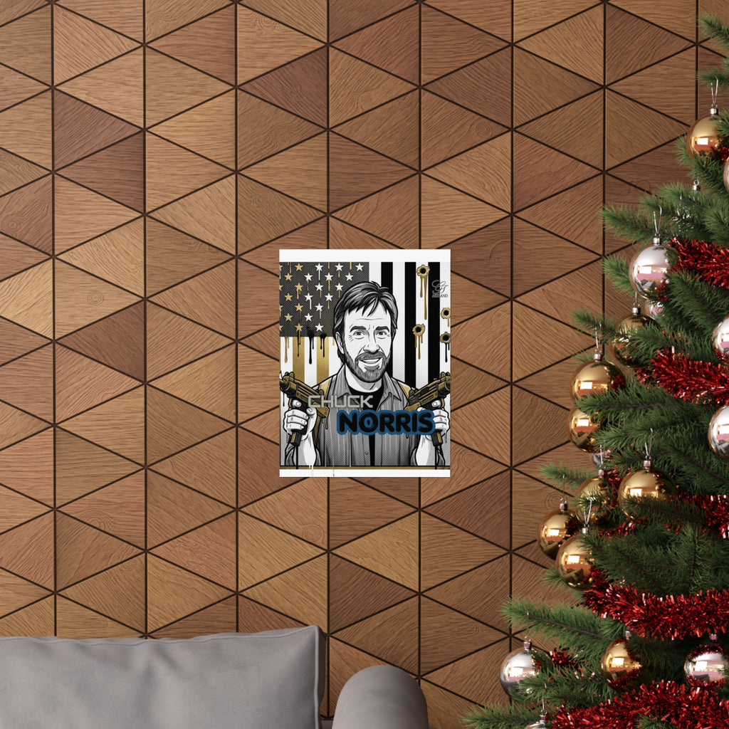 Action Hero Portrait Matte Vertical Poster | Retro Flag, Guns, Bullet Holes by GT Artland