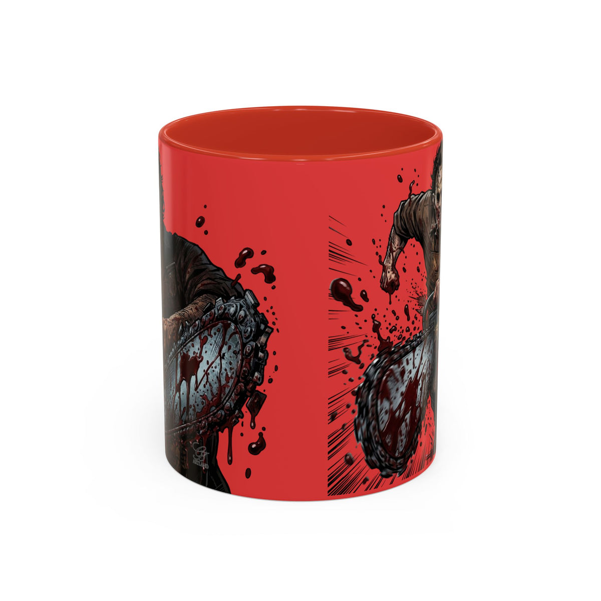 Chainsaw Killer Illustration Mug | Horror Red Accent Coffee Mug by GT Artland