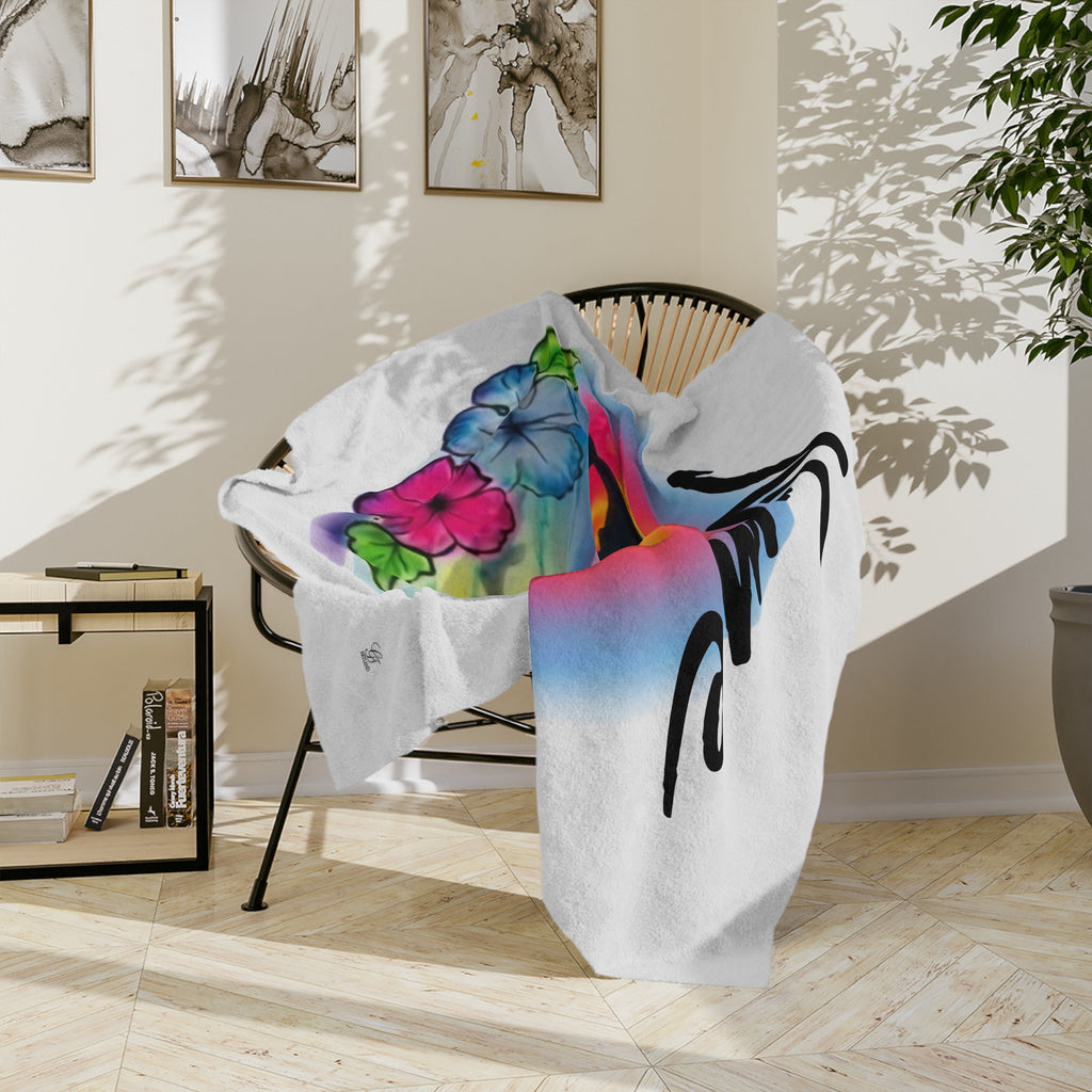 Airbrush Sunset Dolphins Velveteen Microfiber Blanket | Tropical Hibiscus Ocean Scene by GT Artland