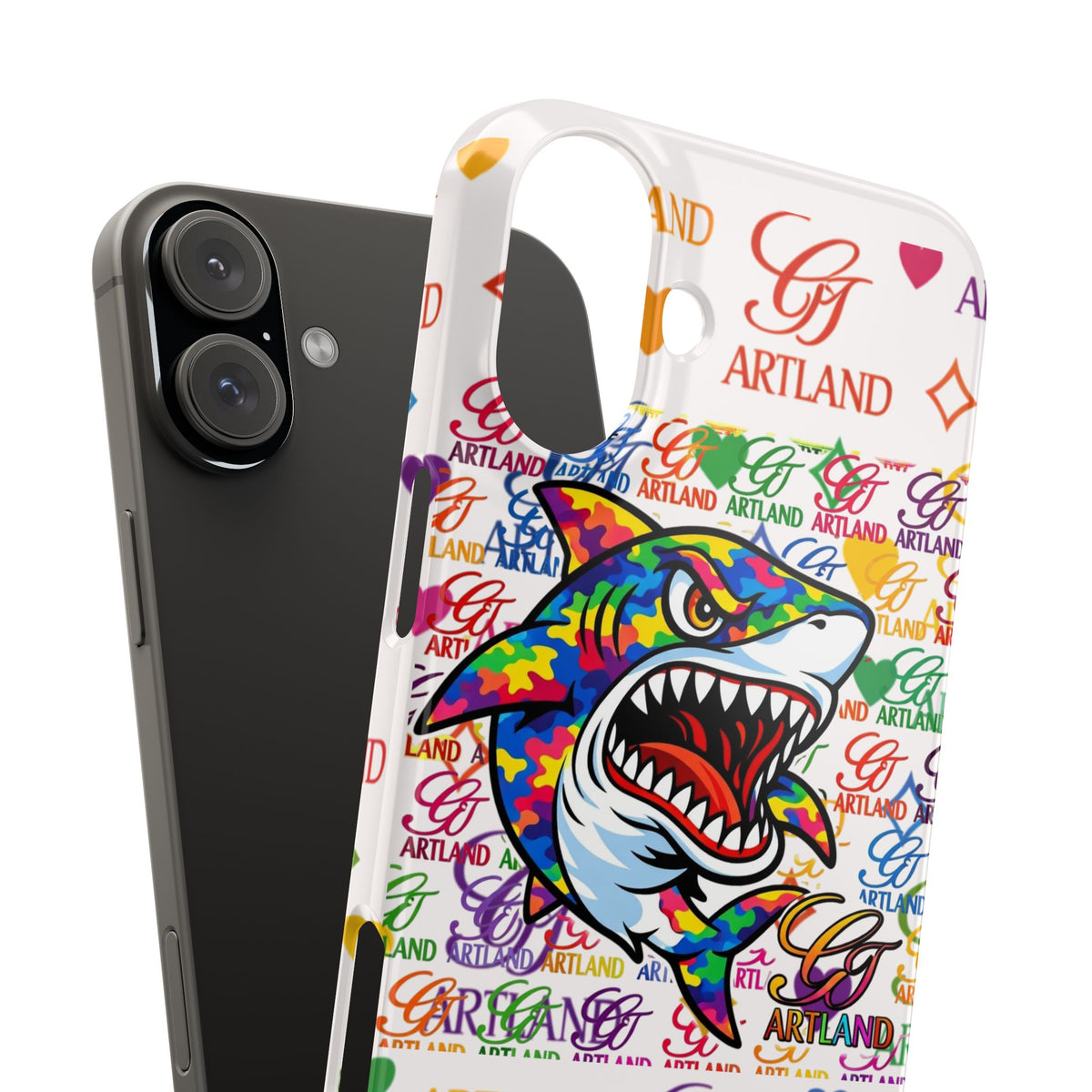 Colorful Designer Shark GT Illustration Slim Phone Case | Rainbow Logo Pattern by GT Artland