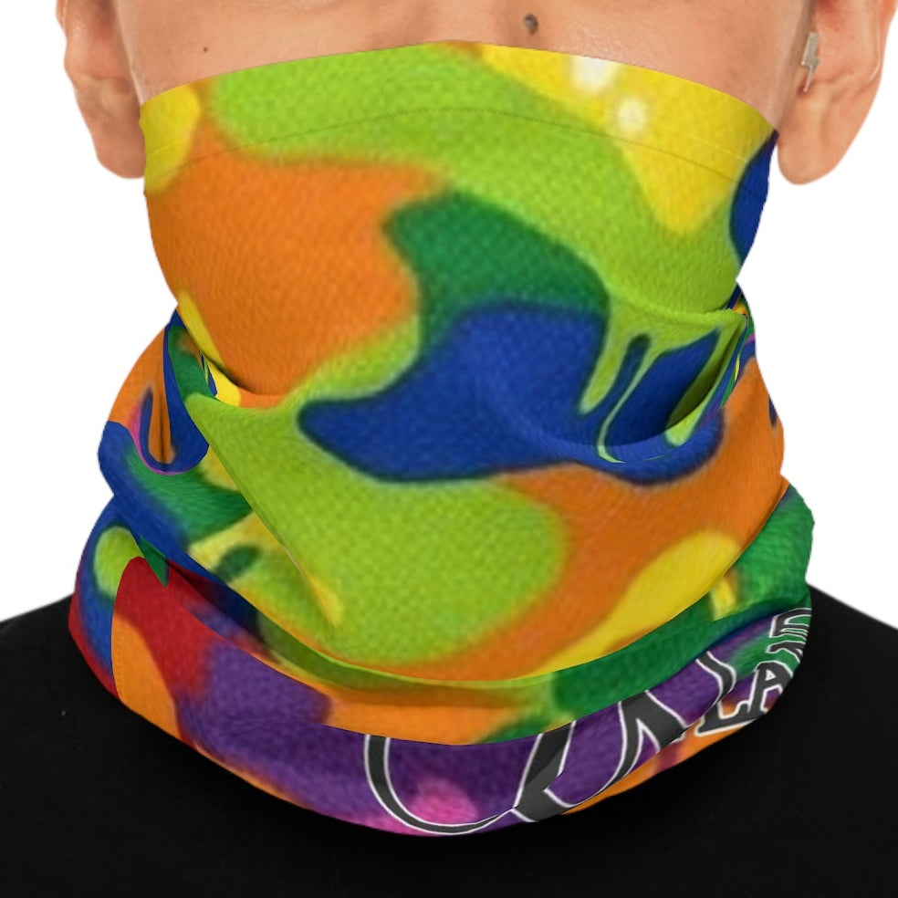 Colorful Exotic Drip Camo Neck Gaiter — Vibrant Rainbow Face Scarf by GT Artland