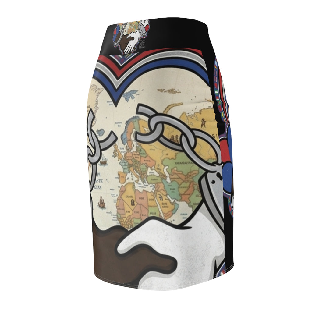 Interracial Unity Heart with Handcuffs Pencil Skirt | World Map Artwork by GT Artland