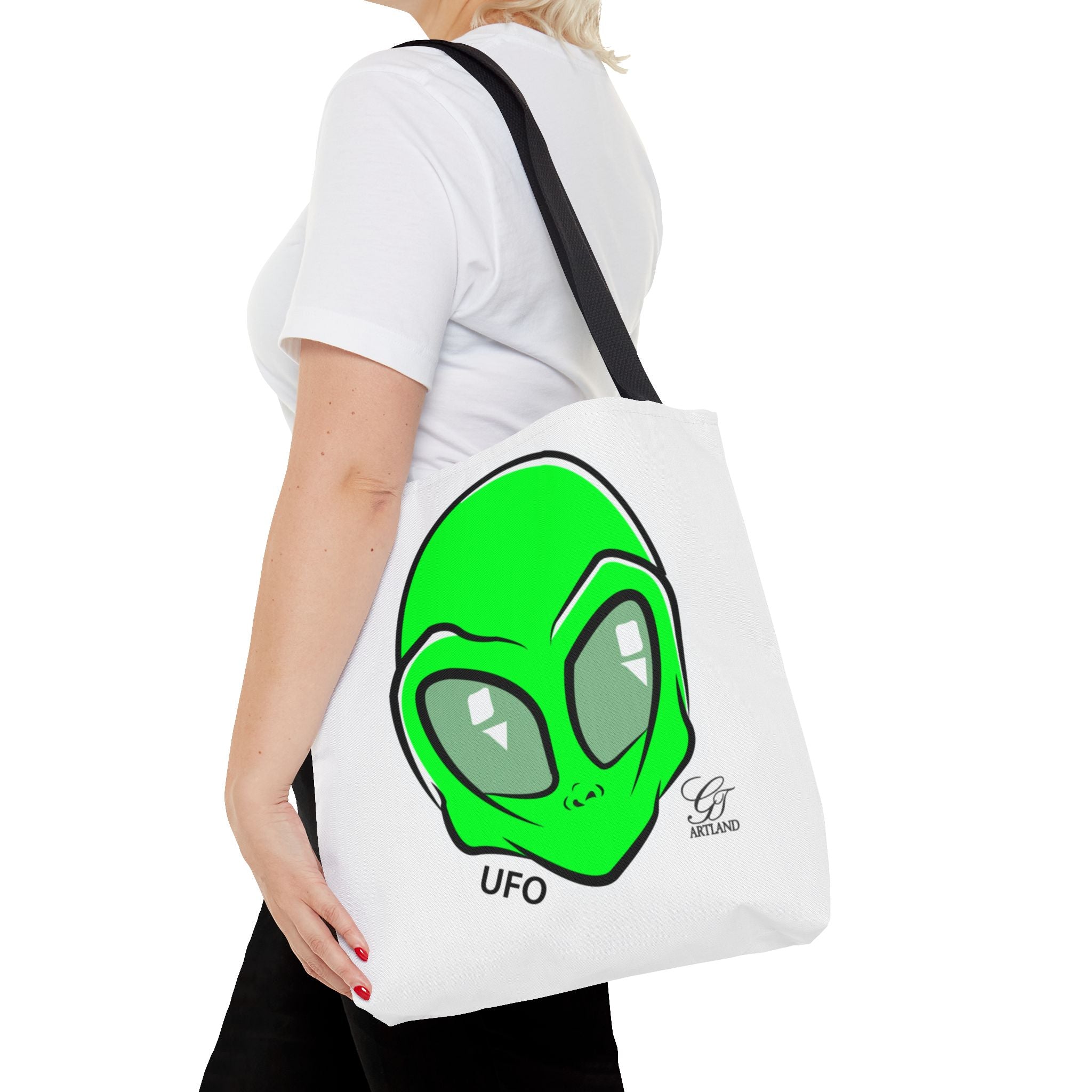 Alien UFO Tote Bag — Green Extraterrestrial Graphic Beach & Market Bag by GT Artland
