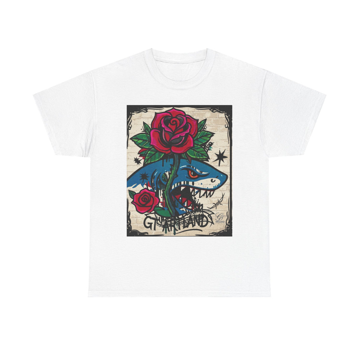 Shark with Red Rose T-Shirt | Nautical Tattoo Style Graphic Tee by GT Artland