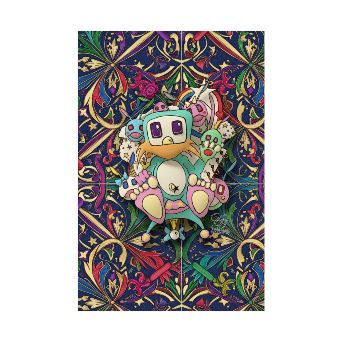 Cute Robot Poon Designer Poster | Matte Vertical Poster, Colorful Floral Pattern by GT Artland