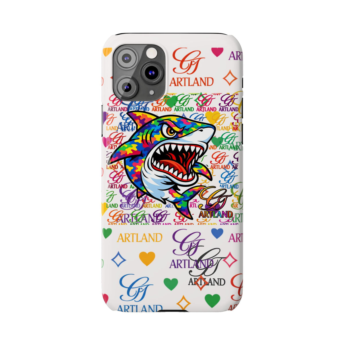 Colorful Designer Shark GT Illustration Slim Phone Case | Rainbow Logo Pattern by GT Artland