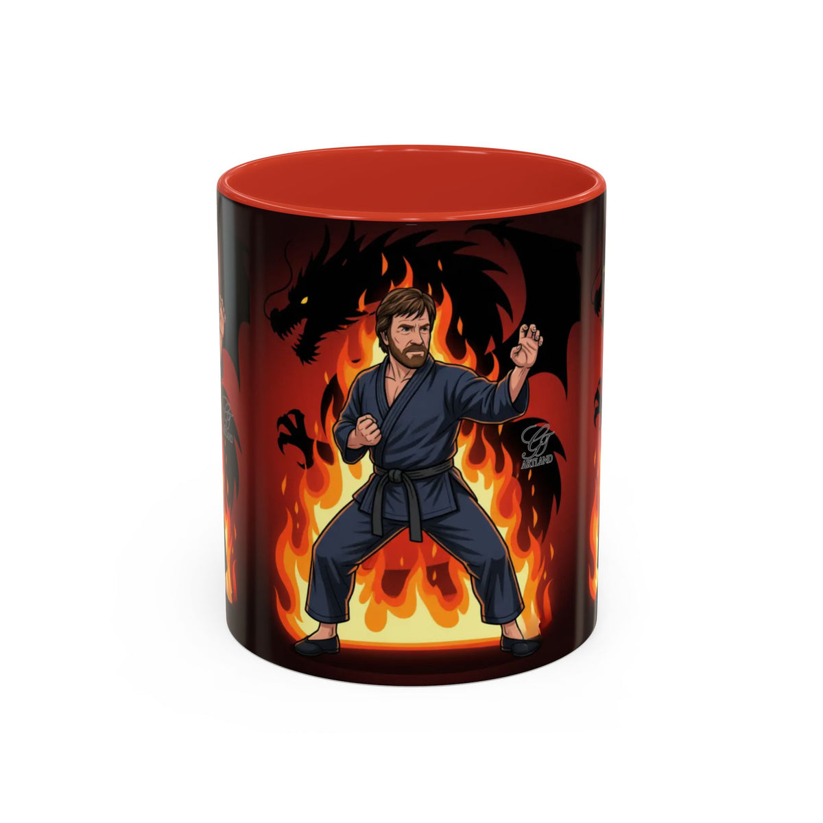 Martial Artist Chuck Norris with Dragon Flames Mug | Accent Coffee Mug 11oz/15oz by GT Artland