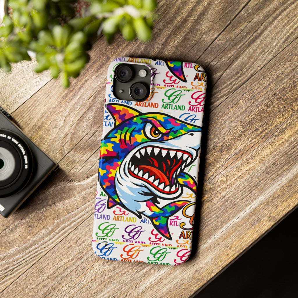 Colorful Camo Designer Shark GT Slim Phone Case | Vibrant Graphic, Artland Logo Background by GT Artland