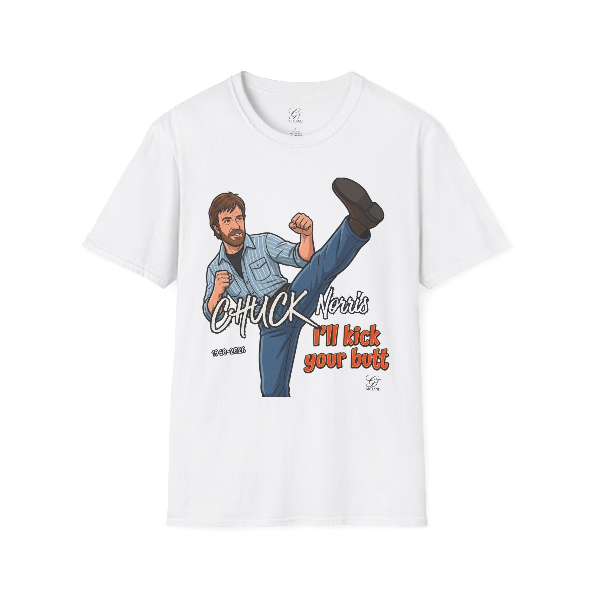 Chuck Norris Kick Illustration T-Shirt | I'll Kick Your Butt text by GT Artland