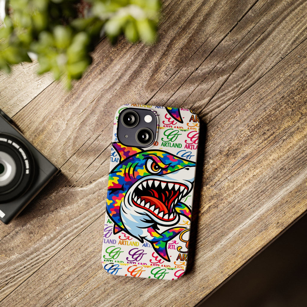 Colorful Camo Designer Shark GT Slim Phone Case | Vibrant Graphic, Artland Logo Background by GT Artland