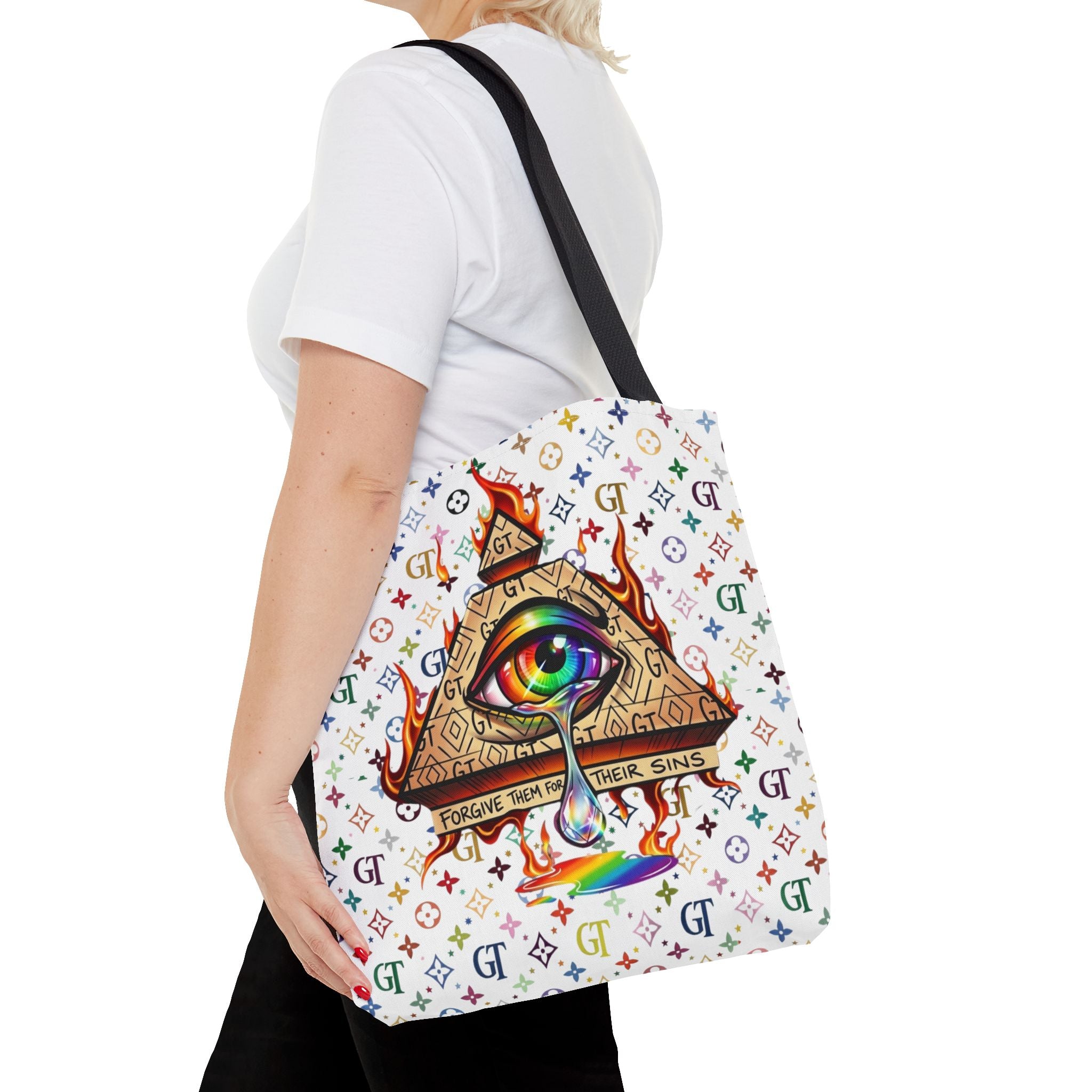 All-Seeing Eye Rainbow Pyramid Tote Bag — Forgive Them For Their Sins by GT Artland