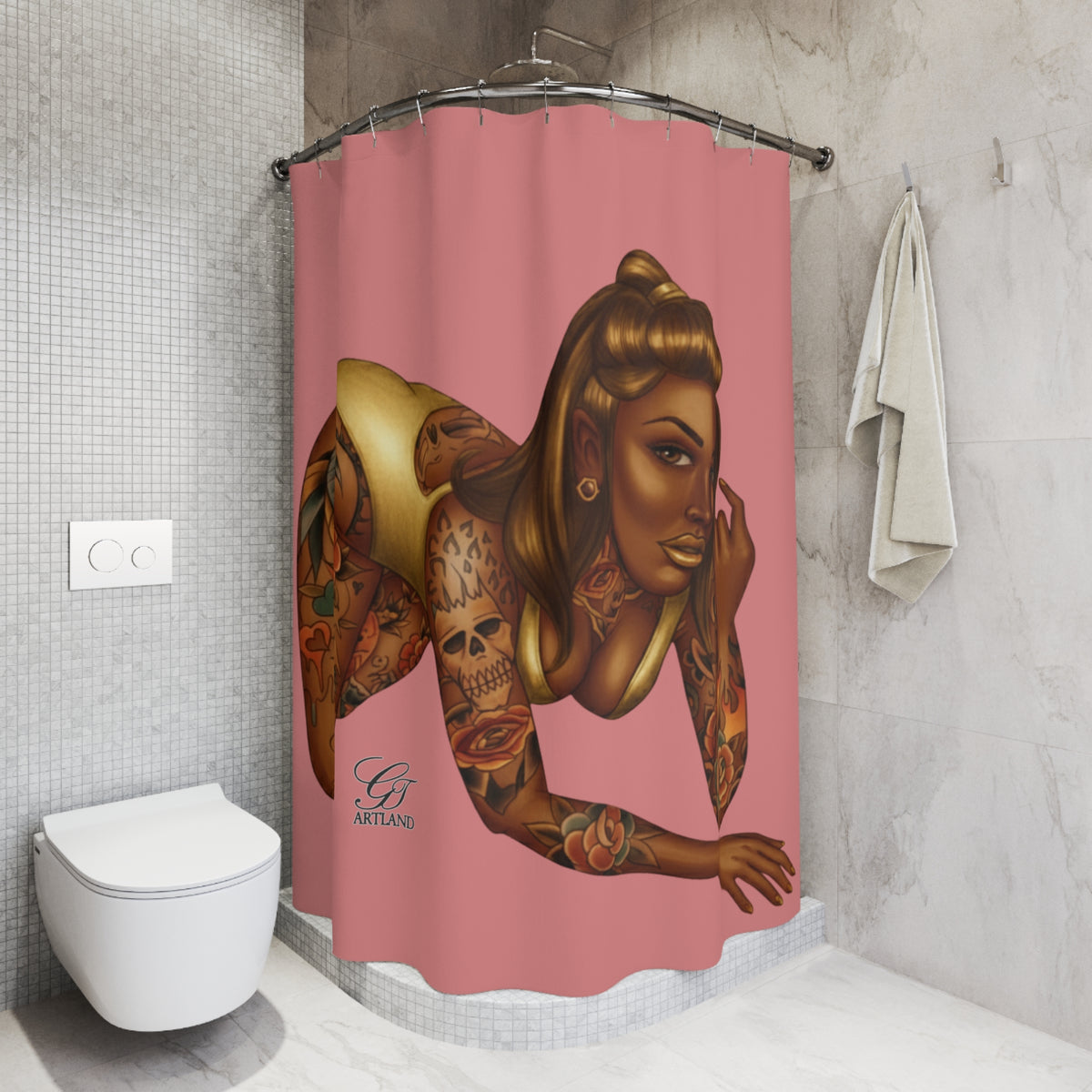 Tattooed Pinup Diva Shower Curtain - Pink Background