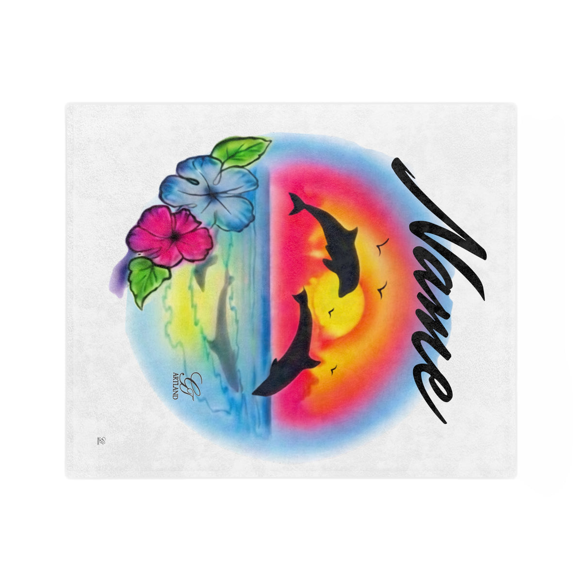 Airbrush Sunset Dolphins Velveteen Microfiber Blanket | Tropical Hibiscus Ocean Scene by GT Artland